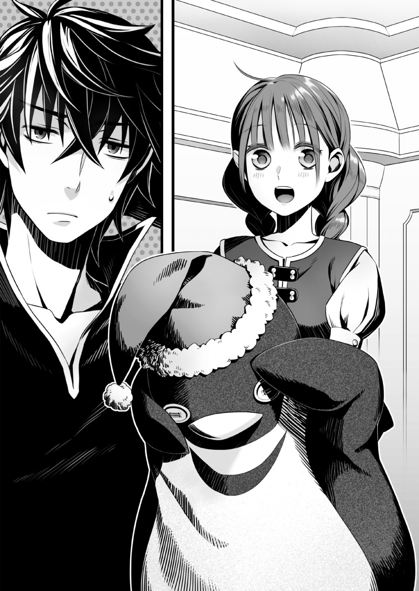 :d, bangs, collarbone, cosplay, frown, greyscale, hair_between_eyes, highres