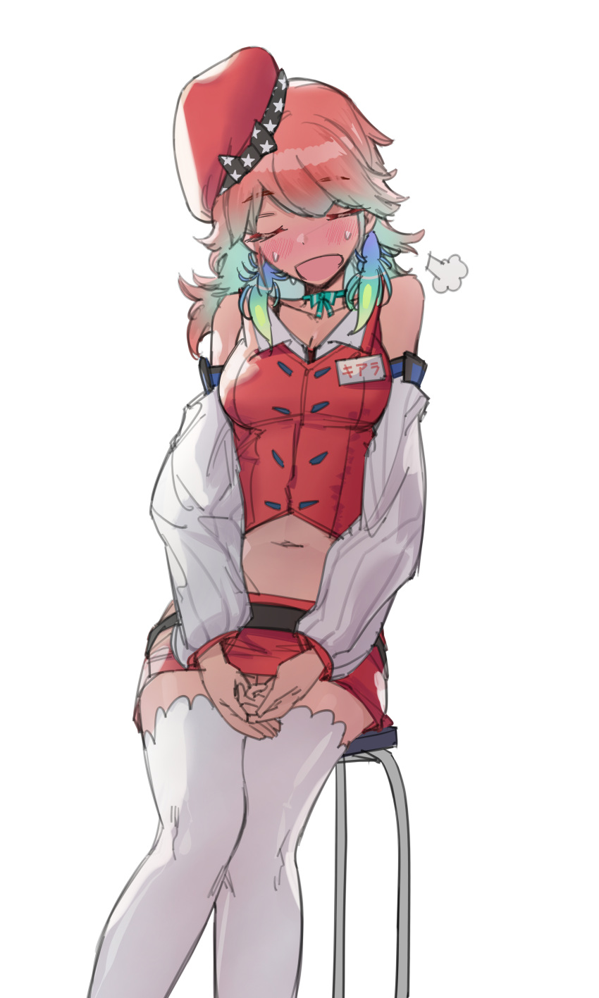 1girl, absurdres, blue_hair, breasts, chair, chef_hat, closed_eyes, earrings