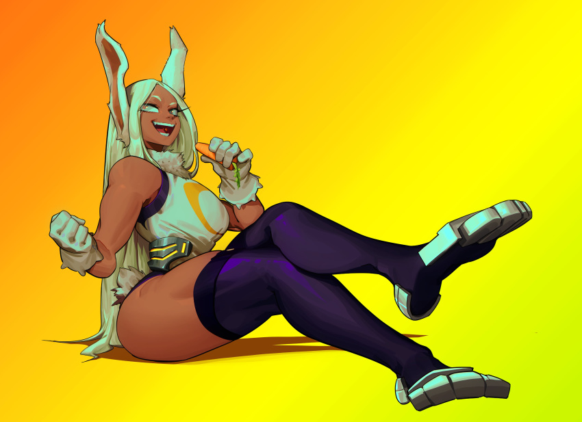 1girl, absurdres, animal_ears, black_legwear, boku_no_hero_academia, breasts, bunny_tail, carrot, clenched_hand, crossed_legs, dark_skin, eating, food, gloves, highres, impossible_clothes, large_breasts, leotard, long_hair, mirko, orange_background, rabbit_ears, sanefox, sharp_teeth, sitting, smile, tail, teeth, thick_thighs, thigh-highs, thighs, toes, toned, white_gloves, white_hair