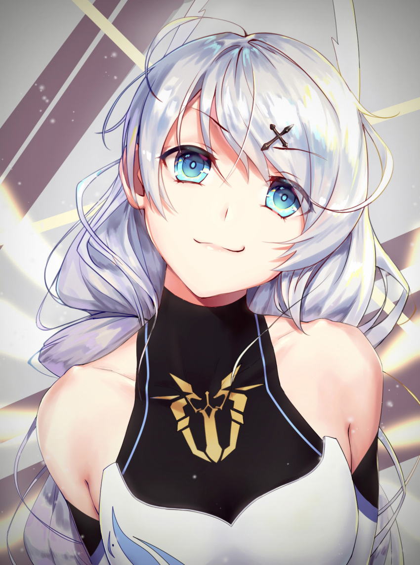 1girl, :3, ahoge, bangs, bare_shoulders, blue_eyes, braid, breasts