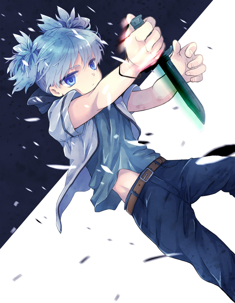 1boy, ansatsu_kyoushitsu, belt, blue_eyes, blue_hair, eyebrows_visible_through_hair, fujimi_(deathnet), hair_tie