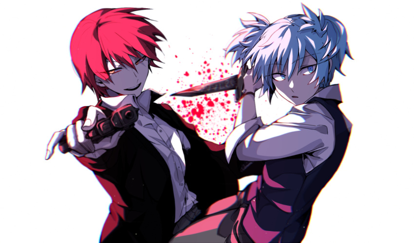 2boys, akabane_karma, ansatsu_kyoushitsu, blood, blue_eyes, blue_hair, collar, collared_shirt