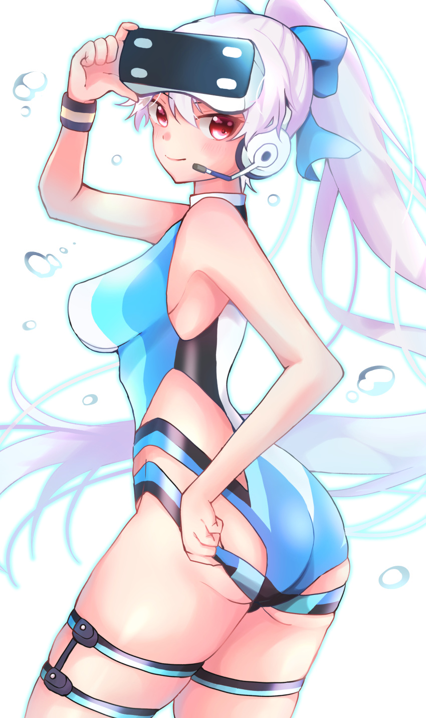 1girl, absurdres, adjusting_clothes, adjusting_headwear, ass, blue_bow, blue_swimsuit, bow
