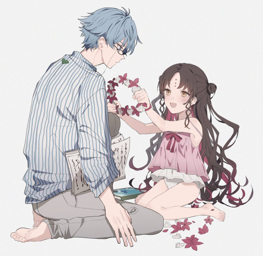 1boy, 1girl, bangs, bare_shoulders, barefoot, black_hair, blue_eyes, blue_hair