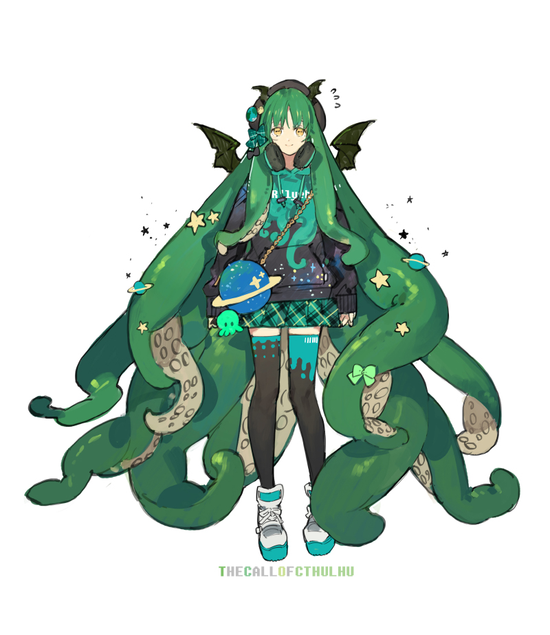 1girl, bangs, boots, cthulhu, cthulhu_mythos, green_hair, hair_ornament, hat
