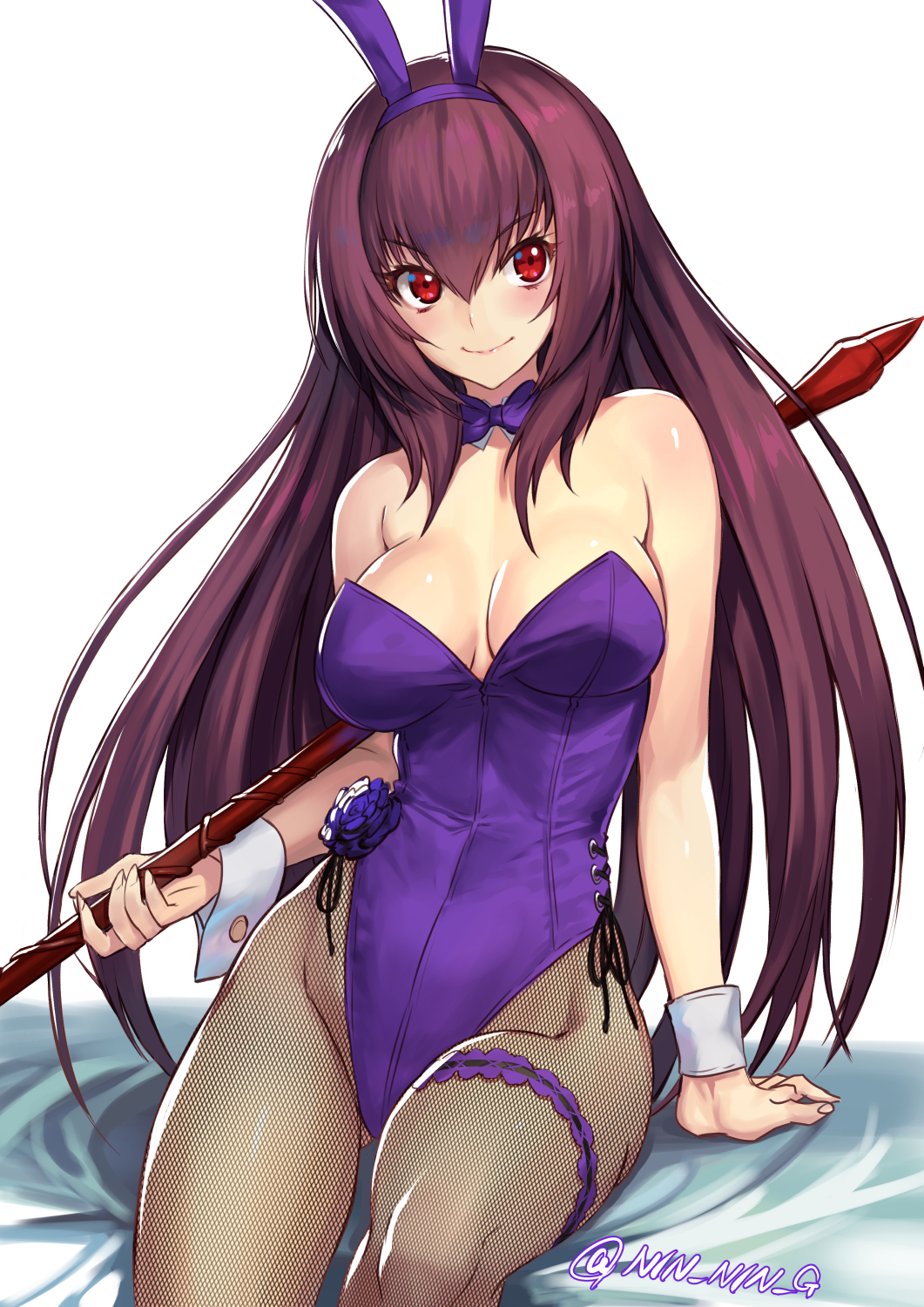 1girl, animal_ears, bangs, blush, breasts, bunnysuit, detached_collar, fake_animal_ears
