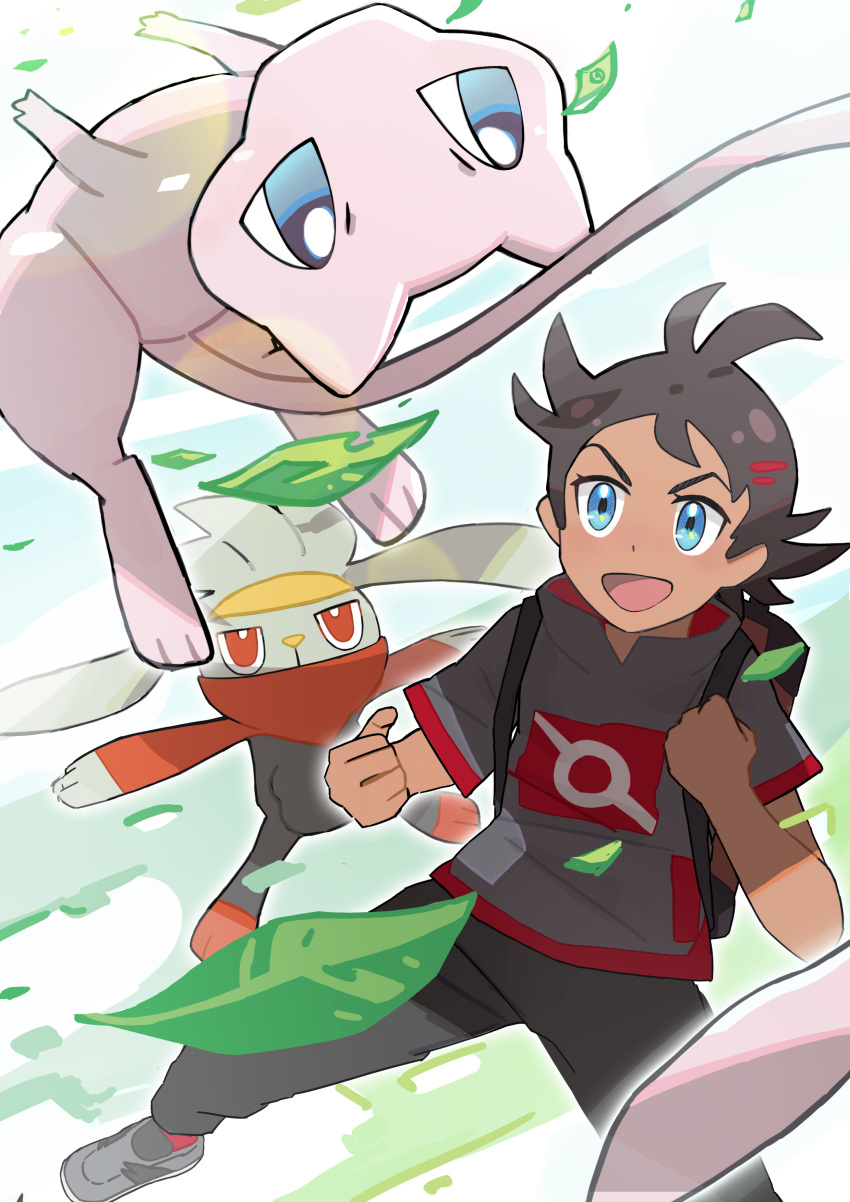 1boy, absurdres, antenna_hair, backpack, bag, black_hair, black_pants, blue_eyes, clenched_hands, commentary_request, gen_1_pokemon, gen_8_pokemon, goh_(pokemon), hands_up, highres, leaf, leaves_in_wind, mew, mythical_pokemon, open_mouth, pants, pokemon, pokemon_(anime), pokemon_(creature), pokemon_swsh_(anime), raboot, shake_shark3, shoes, short_sleeves, tongue