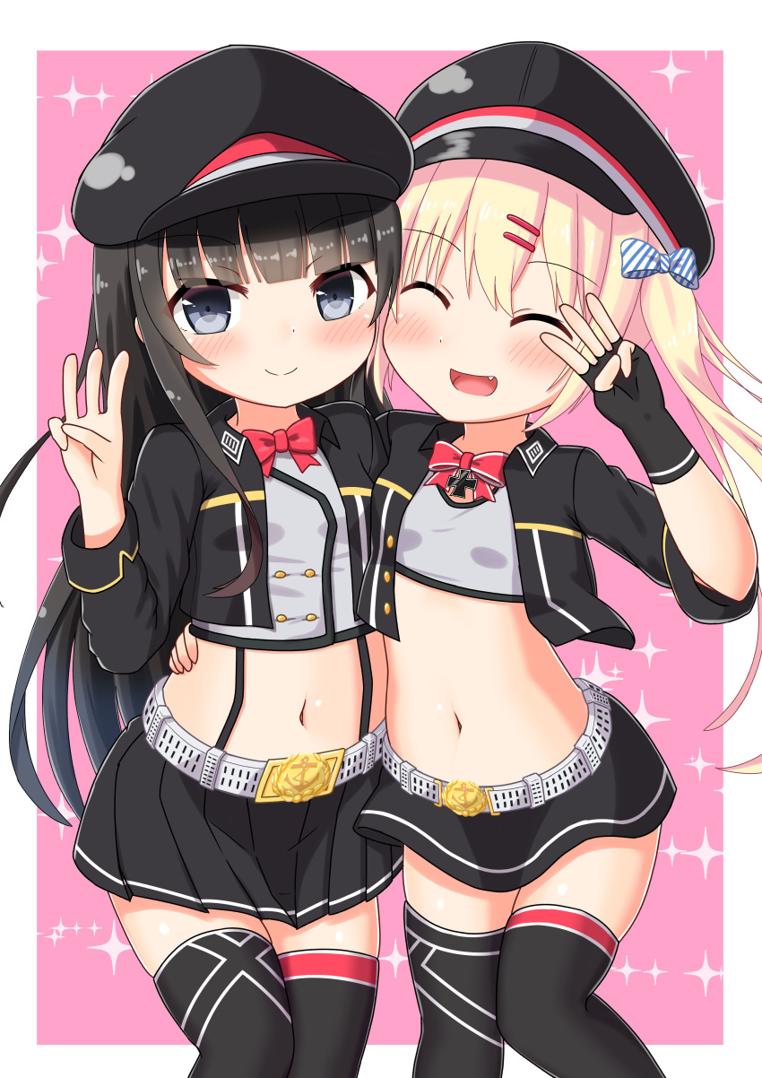 2girls, absurdres, azur_lane, belt, black_hair, blonde_hair, blush, closed_eyes, commentary_request, fang, fingerless_gloves, gloves, hat, highres, long_hair, looking_at_viewer, midriff, multiple_girls, oozeki_(v-necker), open_mouth, ribbon, simple_background, smile, thigh-highs, twintails, z18_(azur_lane), z19_hermann_kunne_(azur_lane)