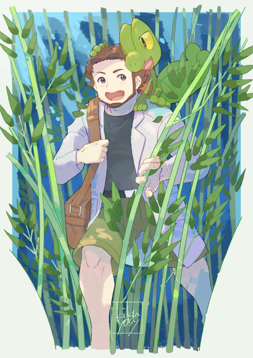 1boy, belt, birch_(pokemon), black_shirt, brown_bag, commentary_request, facial_hair, fingernails