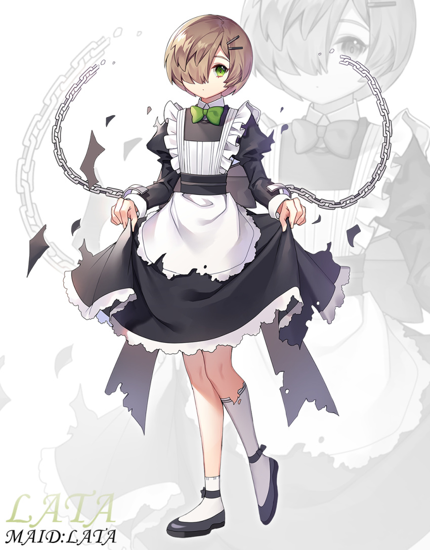 1girl, apron, bangs, black_dress, black_footwear, broken, broken_chain, brown_hair