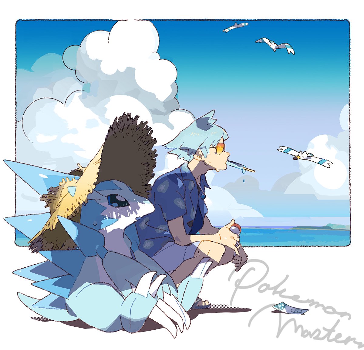 1boy, alolan_form, alolan_sandslash, blue_hair, clouds, commentary_request, copyright_name, day