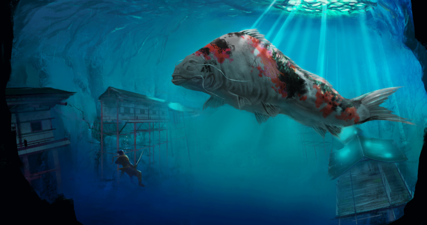 1boy, air_bubble, animal, bubble, coat, commentary_request, fish, great_colored_carp