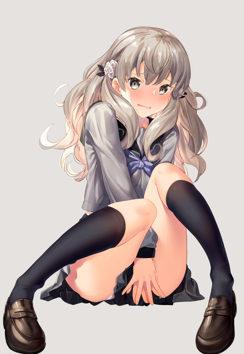 1girl, absurdres, bangs, between_legs, black_legwear, black_sailor_collar, black_skirt, blush