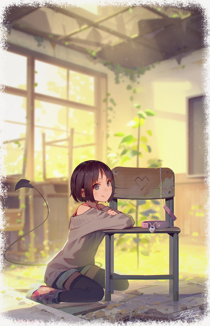 1girl, :q, absurdres, black_legwear, brown_hair, chair, classroom, closed_mouth