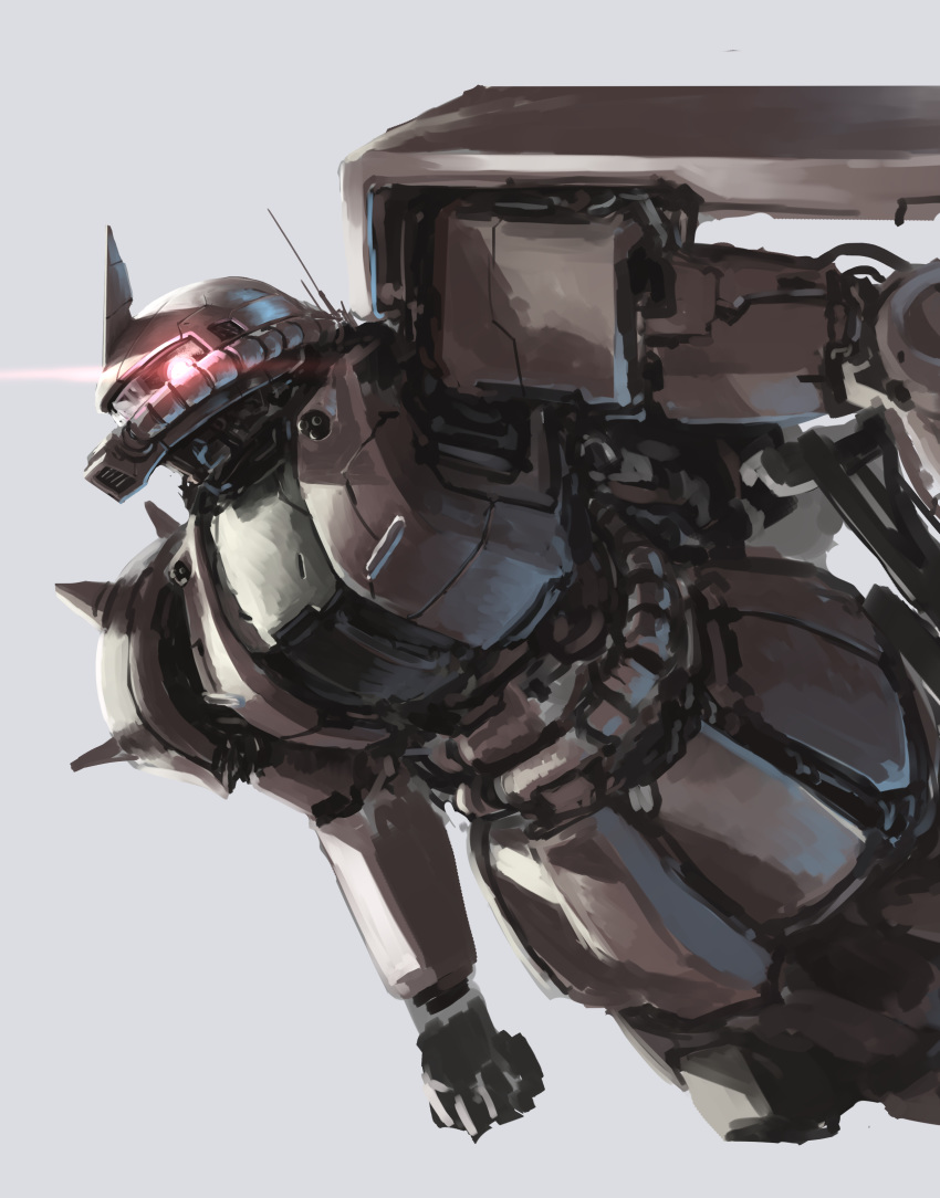 absurdres, clenched_hand, flying, glowing, glowing_eye, grey_background, gundam, highres