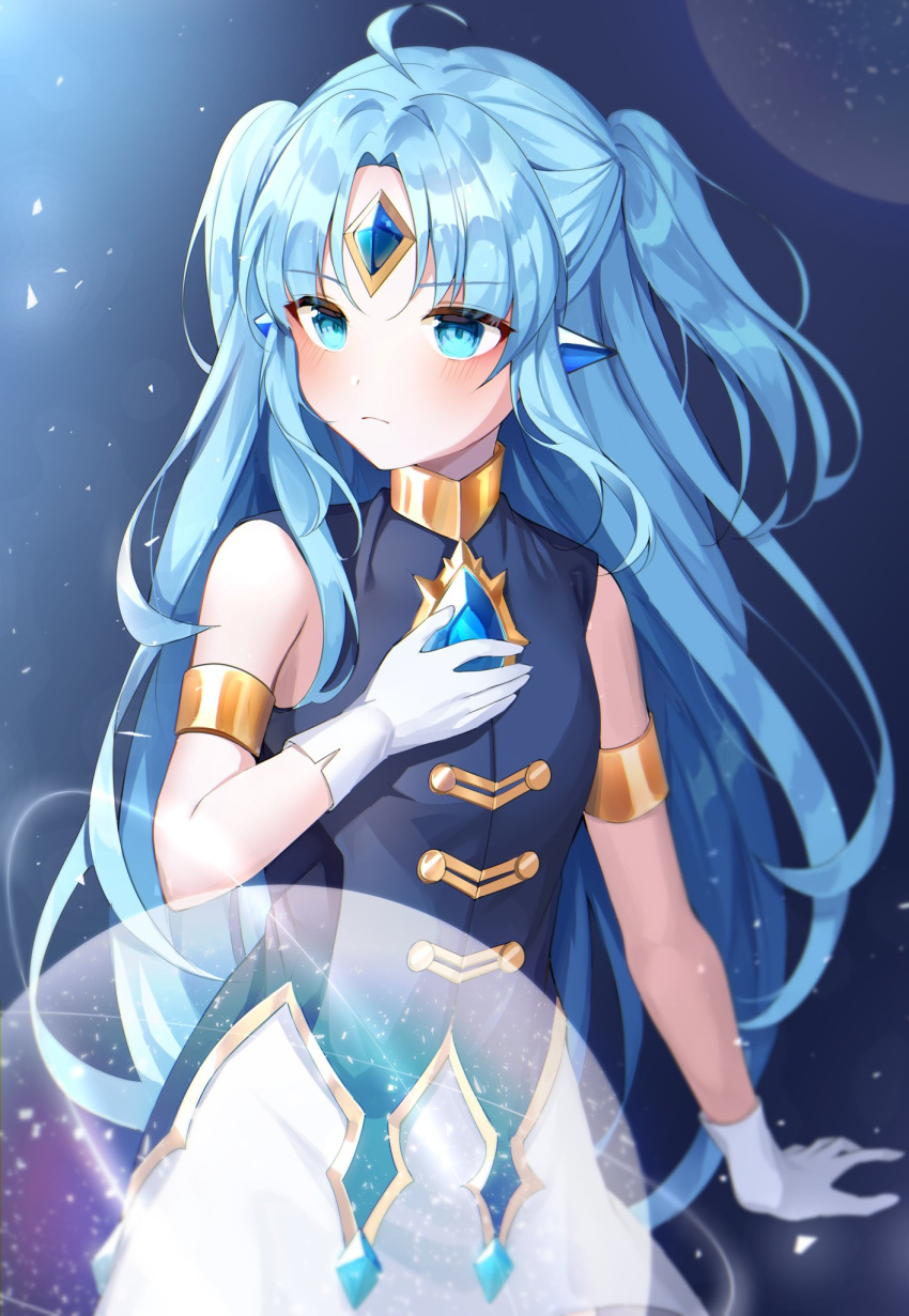 1girl, blue_eyes, blue_hair, breasts, hand_on_own_chest, highres, knowa, korean_commentary