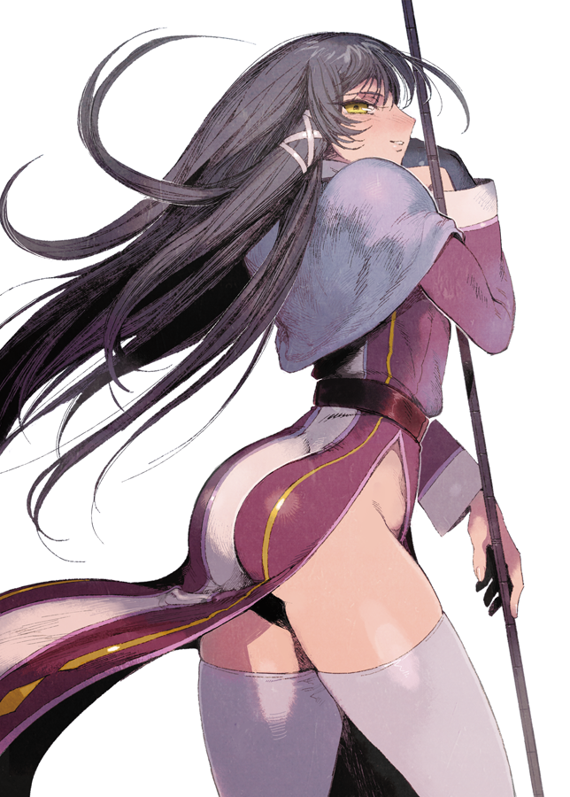 1girl, akutsumi, ass, black_hair, fasalina, gunxsword, holding, holding_staff