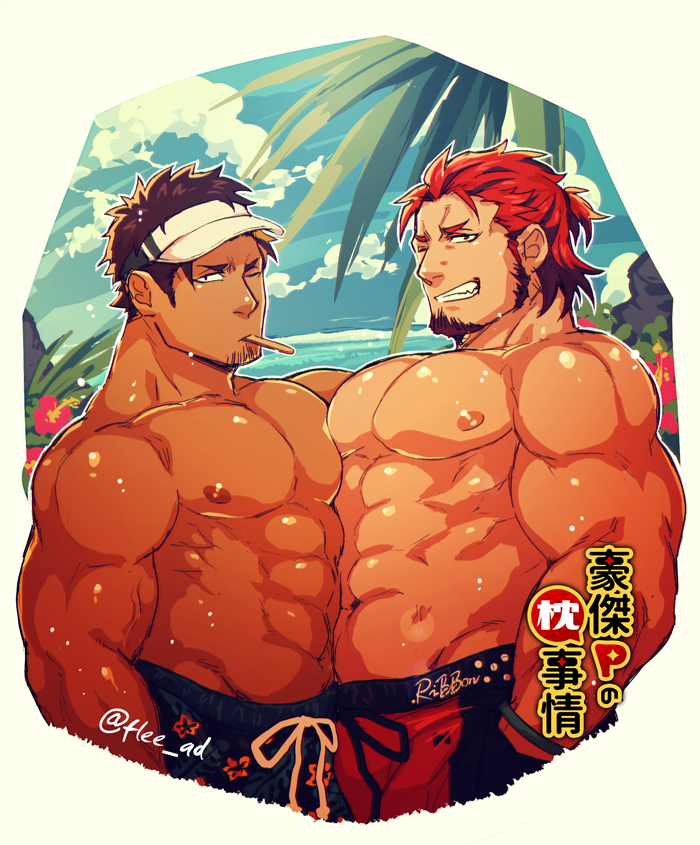 2boys, abs, bara, bare_chest, brown_eyes, brown_hair, bulge, bulge_docking
