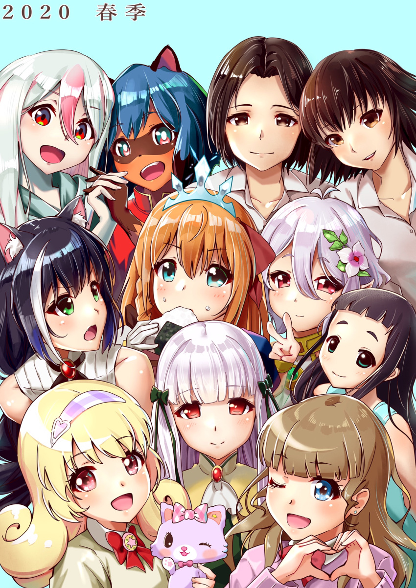 6+girls, :d, ;d, animal_ears, bangs, black_hair, blue_background, blue_dress