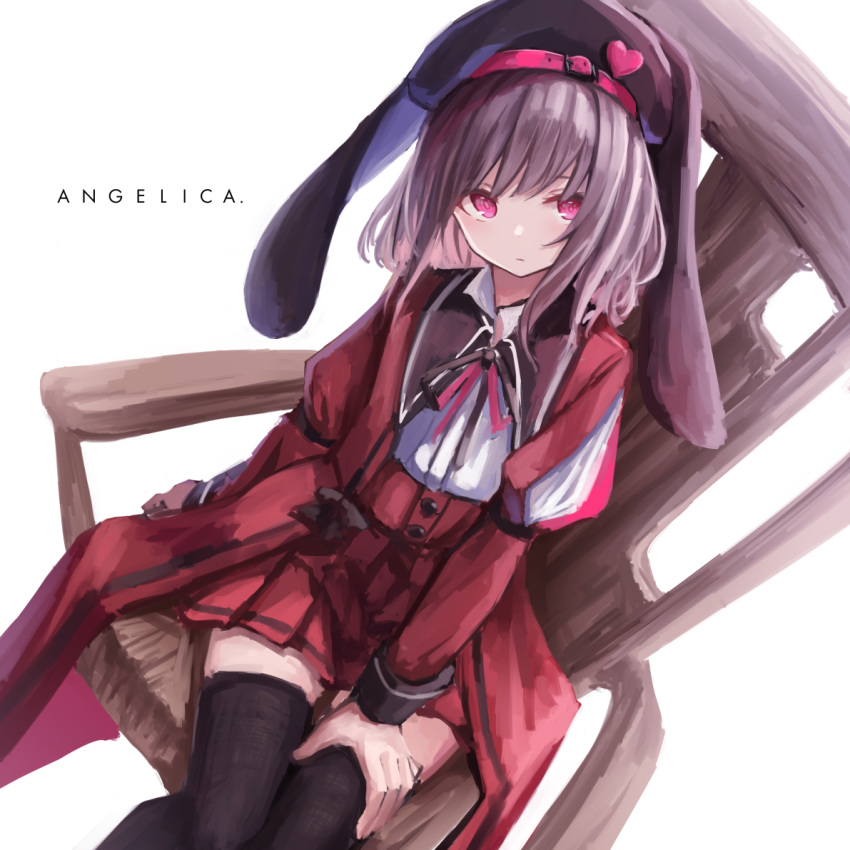1girl, black_legwear, chair, character_request, eyebrows, eyebrows_visible_through_hair, hand_on_thigh, hat, heart, konome_noi, looking_at_viewer, pleated_skirt, red_eyes, ribbon, seiken_manifestia, short_hair, sitting, skirt, solo, thigh-highs