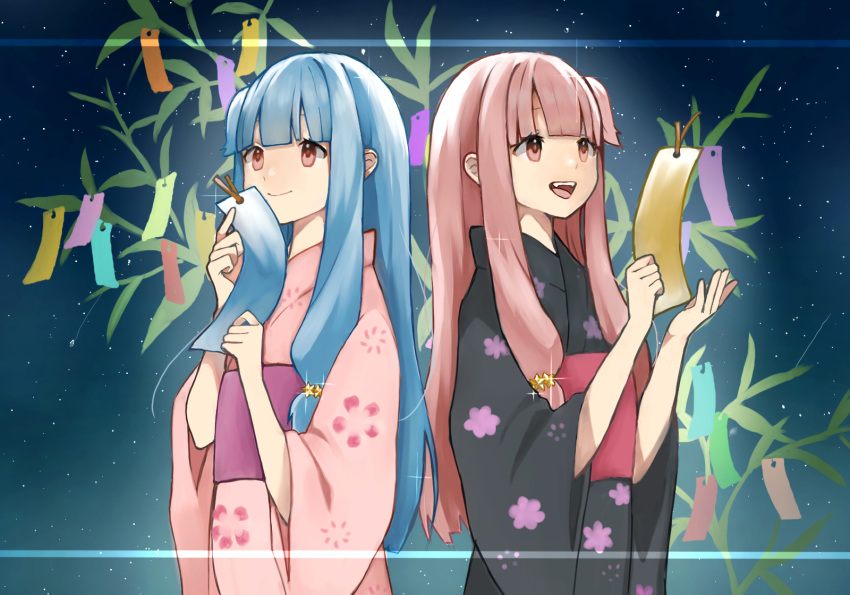 2girls, bamboo, bamboo_leaf, bangs, binchou_maguro, black_kimono, blue_hair, blunt_bangs