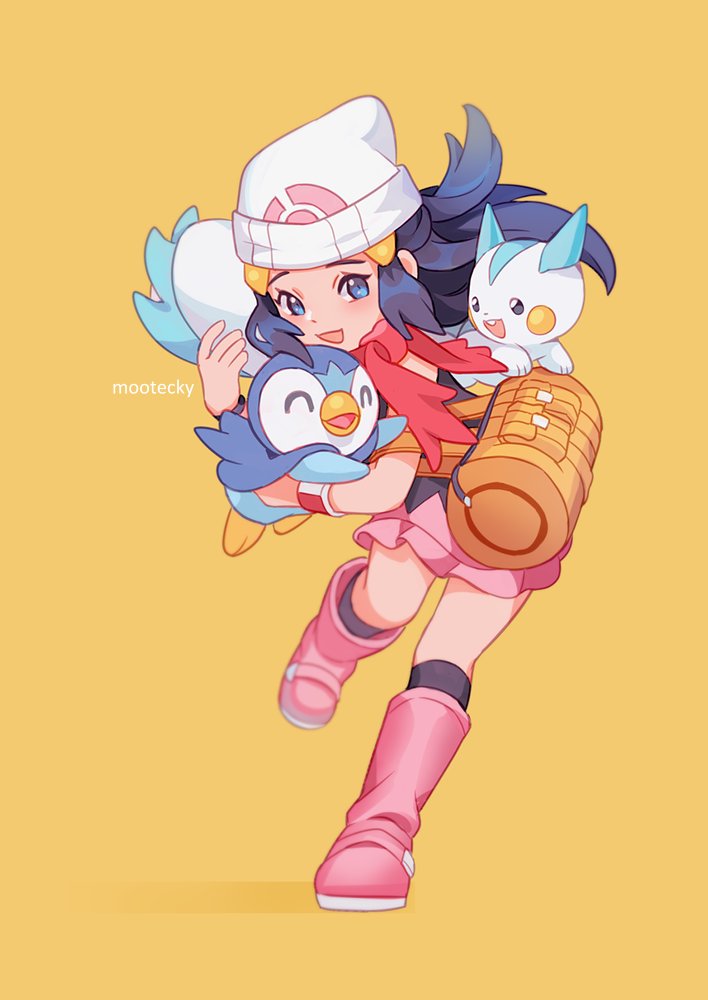 1girl, :d, artist_name, bag, beanie, black_hair, black_legwear, blue_eyes