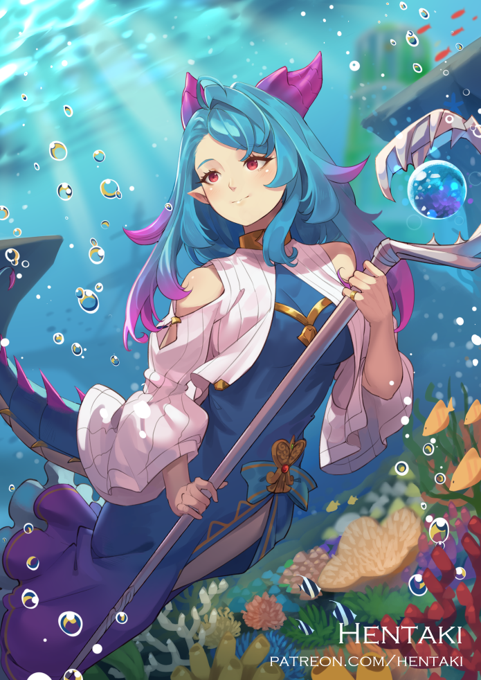 1girl, air_bubble, animal, artist_name, bangs, bare_shoulders, blue_dress, blue_hair