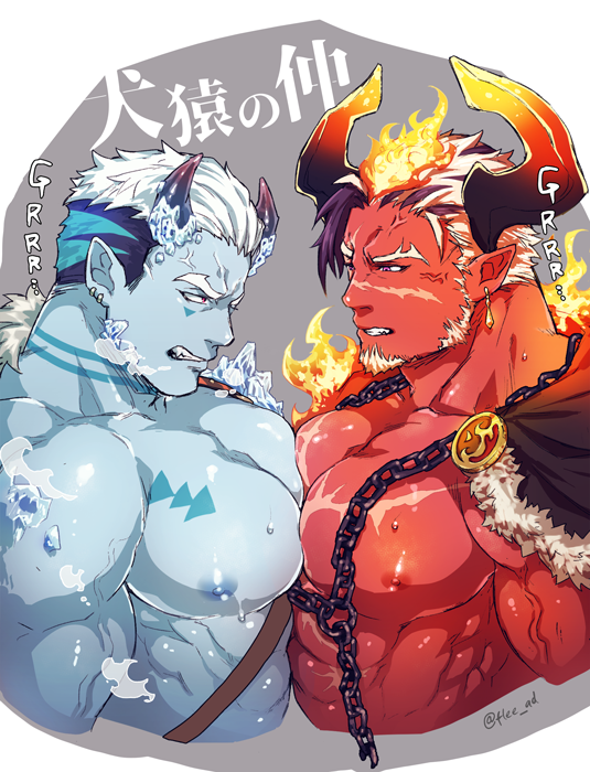 2boys, abs, anger_vein, annoyed, bara, bare_chest, blue_hair, blue_skin