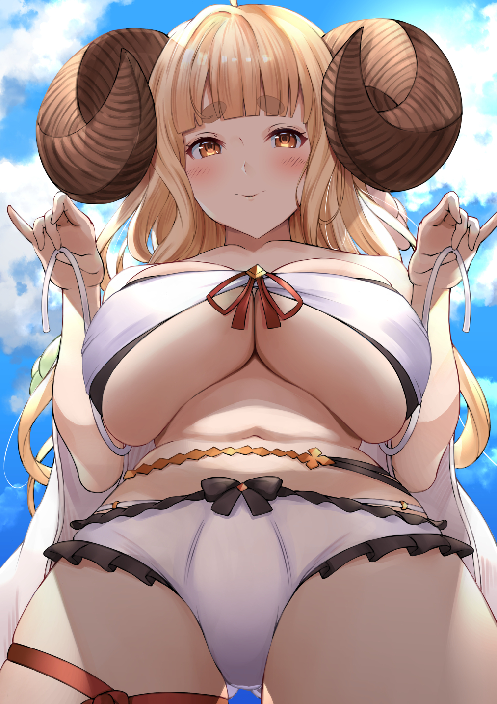 1girl, anila_(granblue_fantasy), bangs, bare_shoulders, belly_chain, bikini, black_bikini, blonde_hair