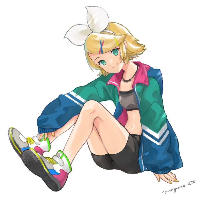 1girl, aqua_eyes, bangs, bike_shorts, binchou_maguro, blonde_hair, bow, commentary, hair_bow, hair_ornament, hairclip, highres, jacket, jewelry, kagamine_rin, looking_at_viewer, midriff, navel, necklace, shoes, short_hair, signature, sitting, smile, sneakers, solo, sports_bra, swept_bangs, track_jacket, vocaloid, white_background, white_bow