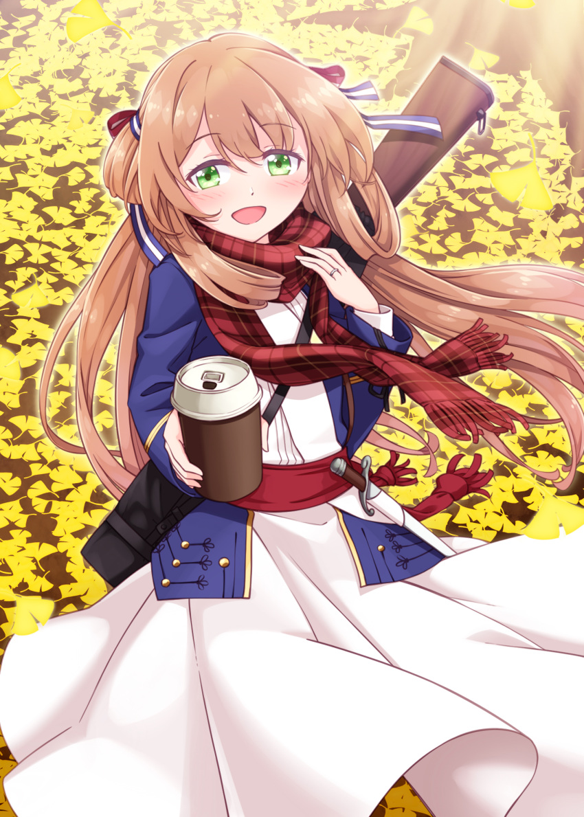 1girl, :d, bangs, blue_jacket, blush, bow, brown_hair, coffee_cup