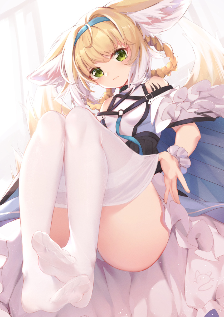 1girl, animal_ears, arknights, bare_shoulders, blonde_hair, blue_hairband, braid, commentary