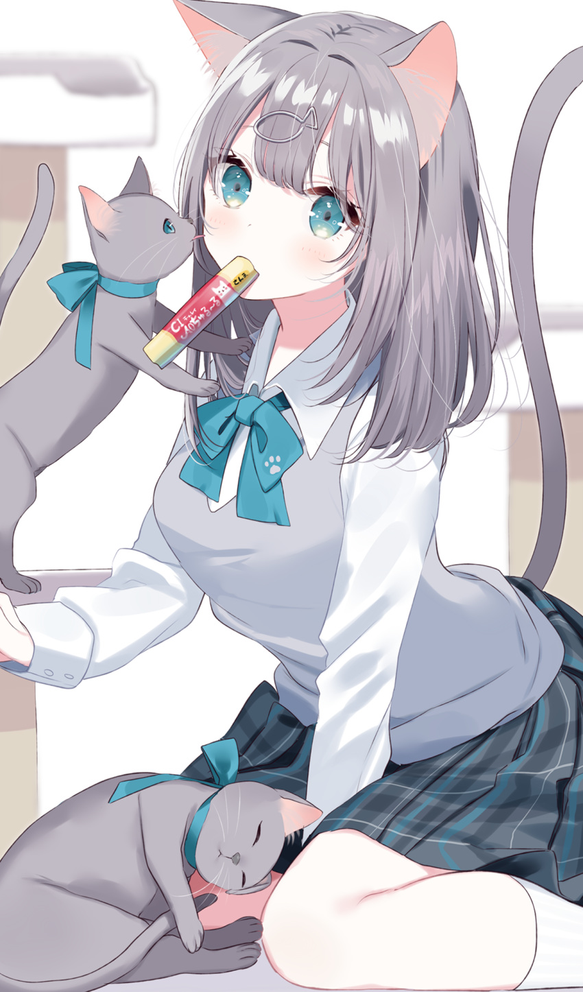 1girl, animal, animal_ears, bangs, blue_bow, blue_eyes, blurry, blurry_background