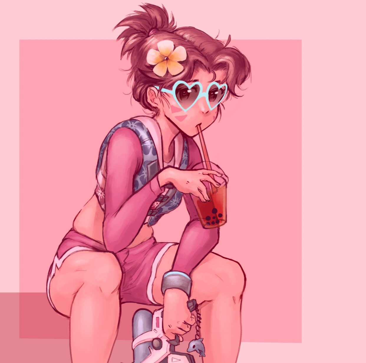 1girl, alternate_costume, alternate_hair_length, alternate_hairstyle, blue-framed_eyewear, bubble_tea, commentary, crop_top, d.va_(overwatch), dolphin_pendant, english_commentary, flower, hair_flower, hair_ornament, heart, heart-shaped_pupils, highres, life_vest, long_sleeves, looking_at_viewer, overwatch, pink_shorts, rash_guard, ron_tsfany, short_hair, short_ponytail, shorts, sitting, solo, sunglasses, symbol-shaped_pupils, updo, water_gun, waveracer_d.va, whisker_markings