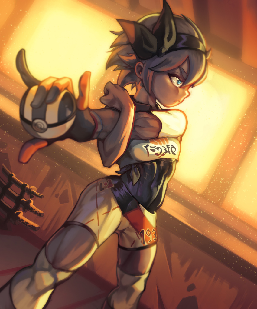 1girl, \m/, absurdres, bea_(pokemon), black_bodysuit, black_hairband, blue_eyes, bodysuit