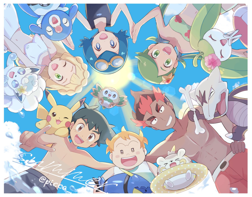 3boys, 3girls, ;d, alolan_form, alolan_marowak, alolan_vulpix, ash_ketchum, bangs
