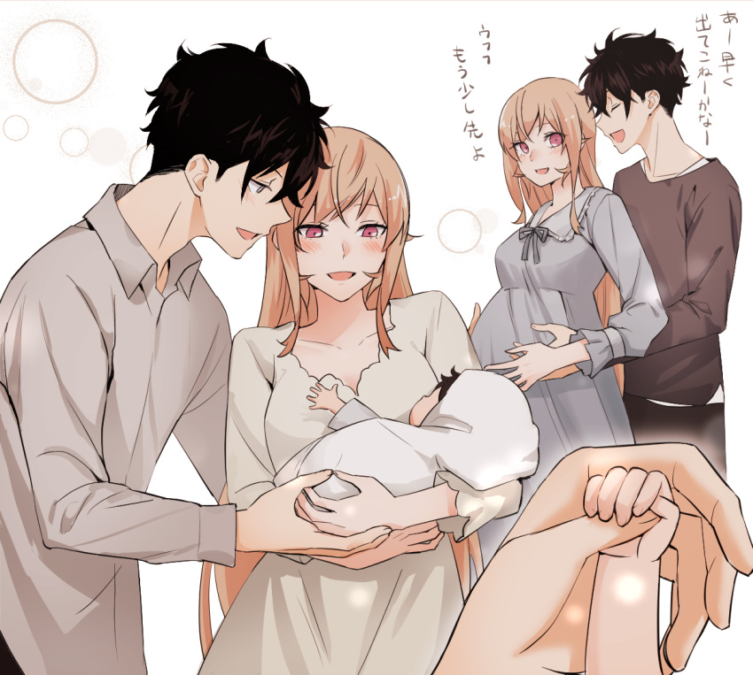 1boy, 1girl, 1other, ambiguous_gender, baby, bangs, beige_dress, black_hair, blush, closed_eyes, collarbone, collared_shirt, commentary_request, dress, dress_shirt, facing_another, family, green_dress, grey_shirt, hair_between_eyes, hand_up, hands, hetero, holding_baby, husband_and_wife, if_they_mated, long_hair, long_sleeves, looking_at_another, multiple_views, nakiri_asahi, nakiri_erina, open_mouth, pink_eyes, pregnant, shirt, shokugeki_no_souma, short_hair, smile, thumb, translation_request, uiui_(hage04195), upper_body, very_short_hair