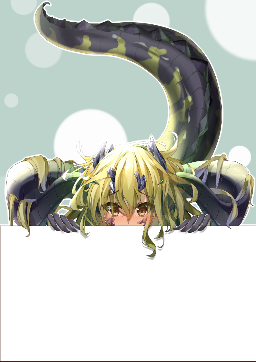 1girl, absurdres, arknights, blonde_hair, blush, breasts, brown_eyes, crocodilian_tail