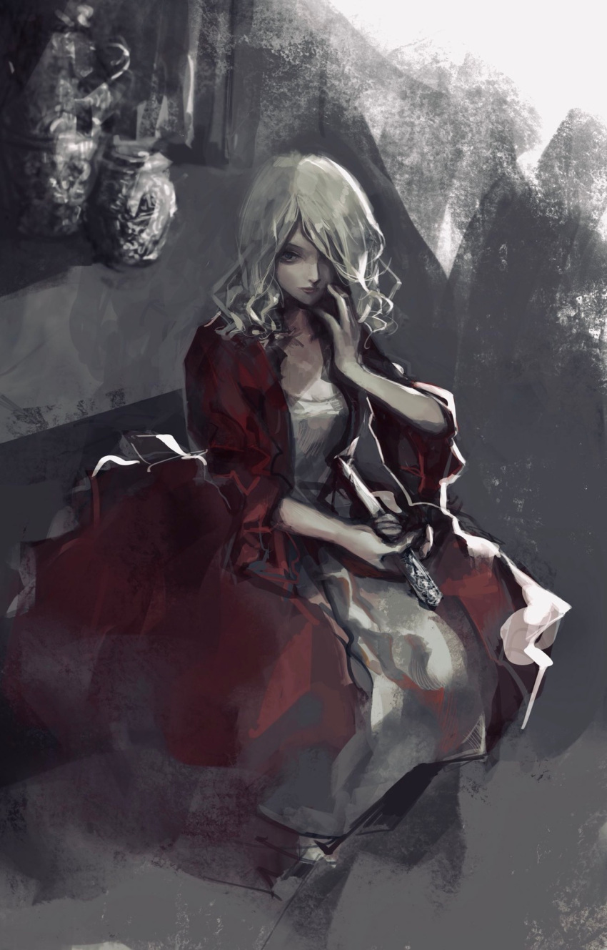 1girl, arianna_(bloodborne), bangs, blonde_hair, blood, bloodborne, breasts, closed_mouth