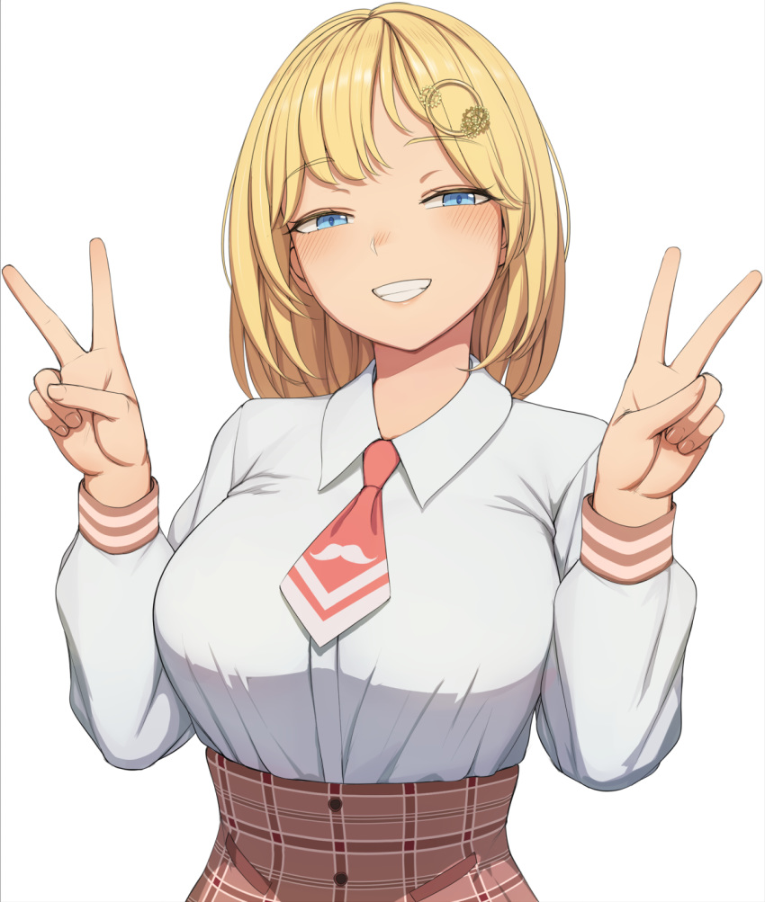 1girl, blonde_hair, blue_eyes, breasts, commentary, grin, hair_ornament, highres