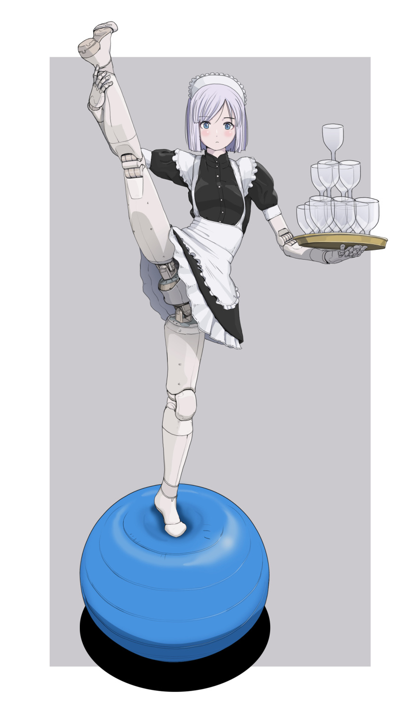 1girl, absurdres, android, apron, balancing, balancing_ball, bangs, colorized