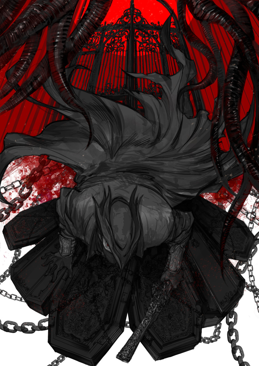 1other, absurdres, ambiguous_gender, black_gloves, blood, blood_splatter, bloodborne, chain