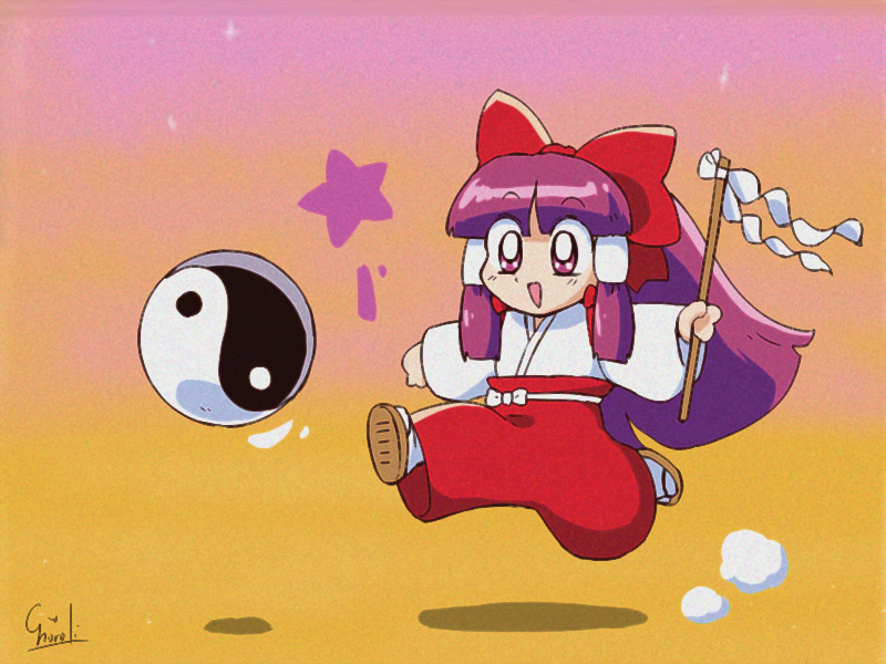 1990s_(style), 1girl, arms_at_sides, bangs, bow, bright_pupils, chibi, choroli_(chorolin), commentary, eyebrows_visible_through_hair, gohei, gradient, gradient_background, hair_bow, hair_tubes, hakama, hakurei_reimu, hakurei_reimu_(pc-98), highly_responsive_to_prayers, holding, japanese_clothes, kicking, kiki_kaikai, kimono, long_hair, miko, open_mouth, outstretched_arms, purple_hair, red_bow, red_hakama, running, sash, shide, sidelocks, socks, solo, spread_arms, star_(symbol), symbol_commentary, tabi, touhou, touhou_(pc-98), very_long_hair, violet_eyes, white_bow, white_kimono, white_legwear, white_pupils, white_sash, yellow_background, yin_yang_orb, zouri