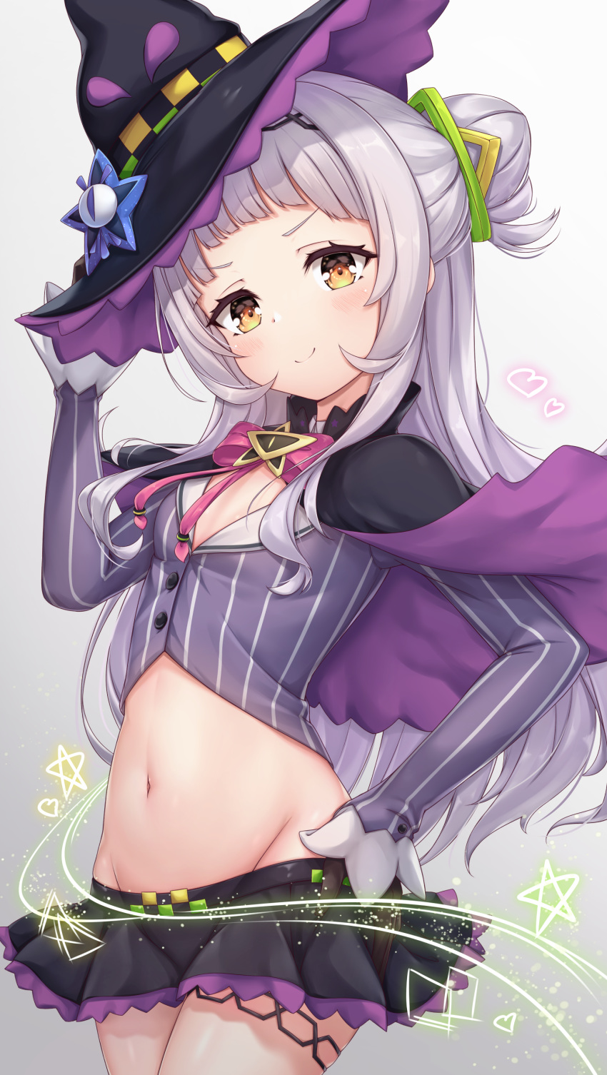 absurdres, adjusting_clothes, adjusting_headwear, arata_(xin), bangs, black_capelet, black_gloves, black_headwear