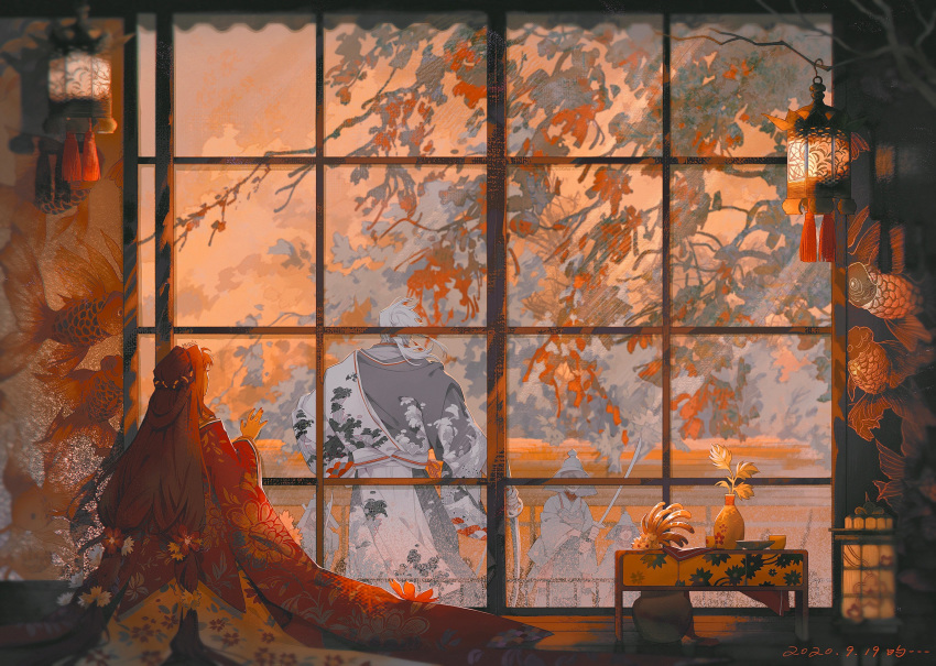 1girl, 4boys, armor, brown_hair, commentary_request, copyright_request, cup, dated