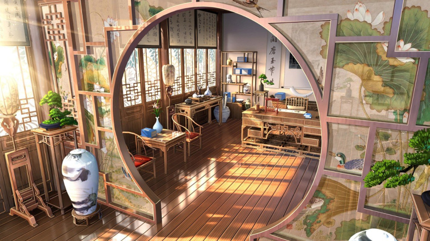 architecture, armchair, bird, bonsai, book_stack, bookshelf, calligraphy, calligraphy_brush