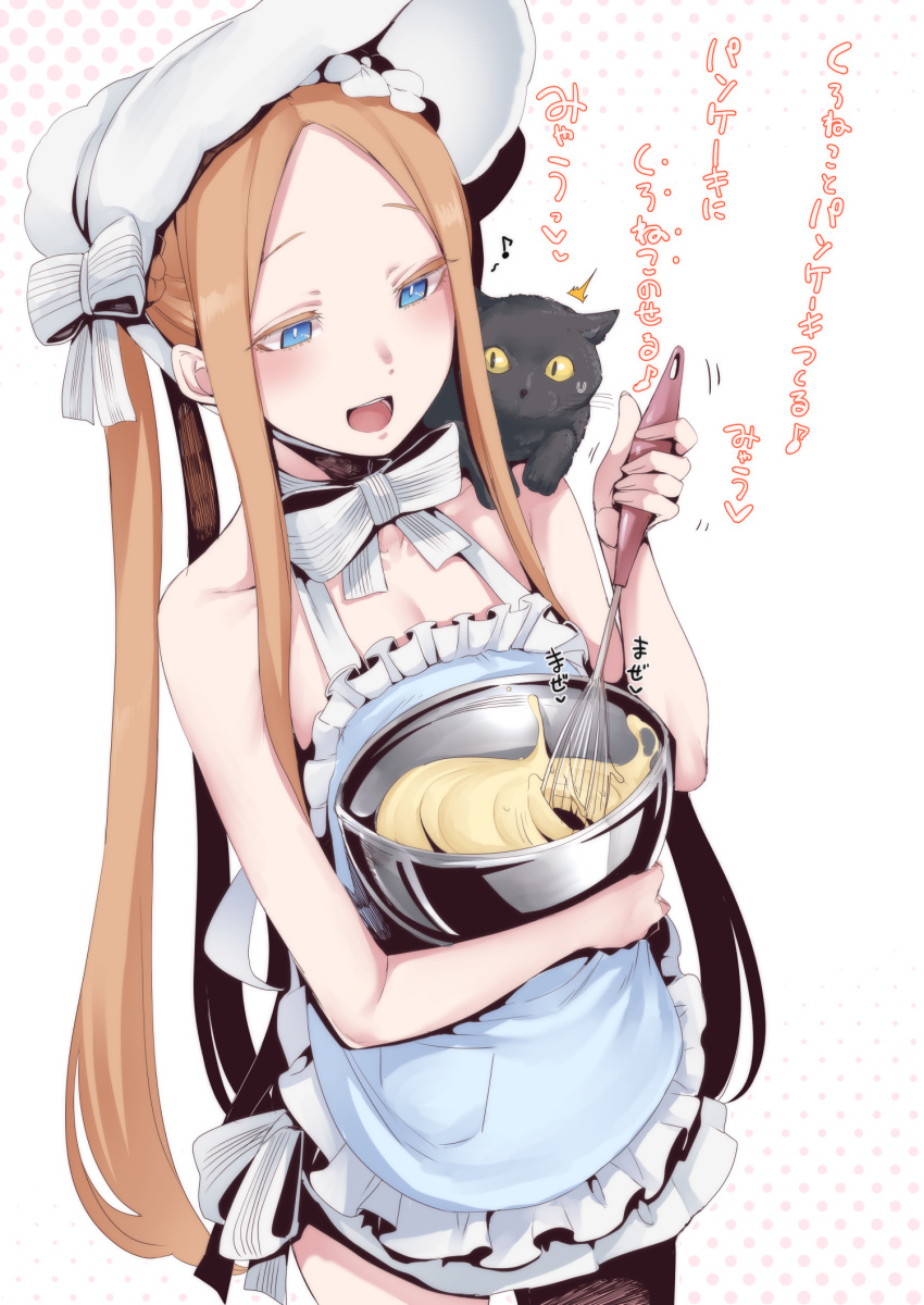1girl, abigail_williams_(fate/grand_order), abigail_williams_(swimsuit_foreigner)_(fate), animal_on_shoulder, apron, bangs, bare_shoulders, batter