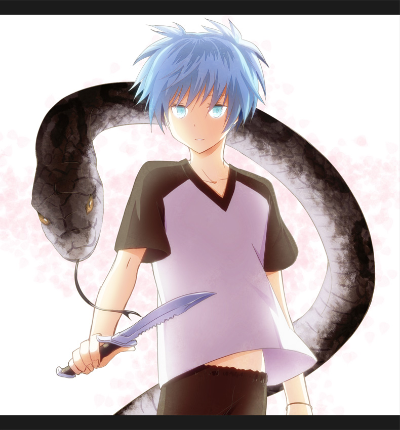 1boy, aihara_kaya, ansatsu_kyoushitsu, blue_eyes, blue_hair, collarbone, jersey, knife