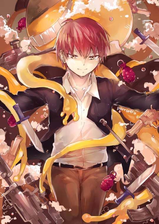2boys, akabane_karma, ansatsu_kyoushitsu, belt, collar, collarbone, collared_shirt, explosive, grenade, grin, gun, hat, knife, koro-sensei, kunugigaoka_middle_school_uniform, looking_at_viewer, multiple_boys, parrareru, redhead, school_uniform, shirt, short_hair, smile, smoke, tentacles, weapon, yellow_eyes
