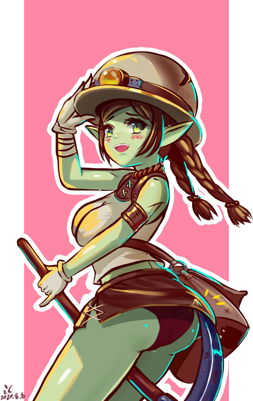 1girl, absurdres, armlet, ass, bag, between_legs, black_panties, blush_stickers, braid, breasts, brown_hair, commentary_request, female_goblin, gloves, goblin, green_eyes, green_skin, hardhat, hat_lantern, helmet, highres, ic-angle, kardia_tou_abel, leather_skirt, long_braid, long_hair, long_pointy_ears, medium_breasts, miniskirt, notice_lines, open_mouth, panties, pantyshot, pickaxe, pinky_out, pointy_ears, satchel, skirt, sleeveless, solo, twin_braids, underwear, upper_teeth, upskirt, white_gloves